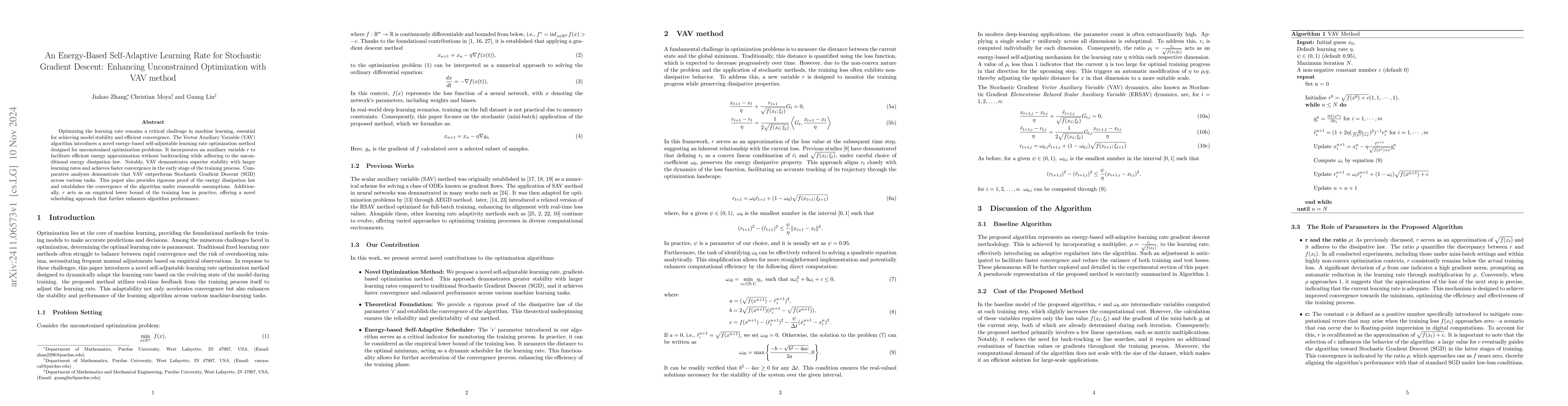 Thumbnail for An Energy-Based Self-Adaptive Learning Rate for Stochastic Gradient
  Descent: Enhancing Unconstrained Optimization with VAV method