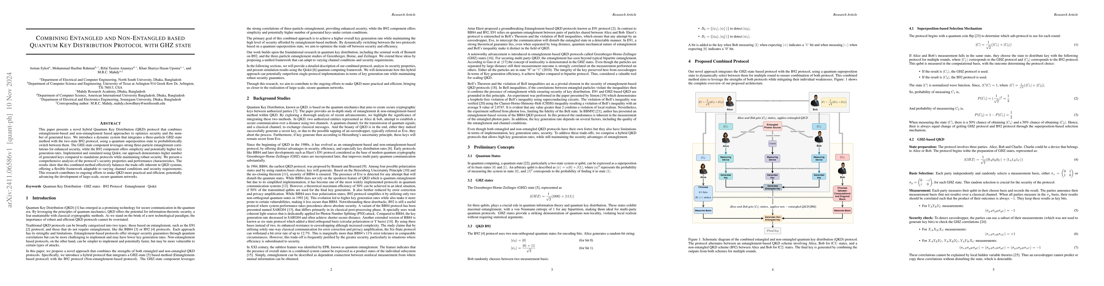 Thumbnail for Combining Entangled and Non-Entangled Based Quantum Key Distribution
  Protocol With GHZ State