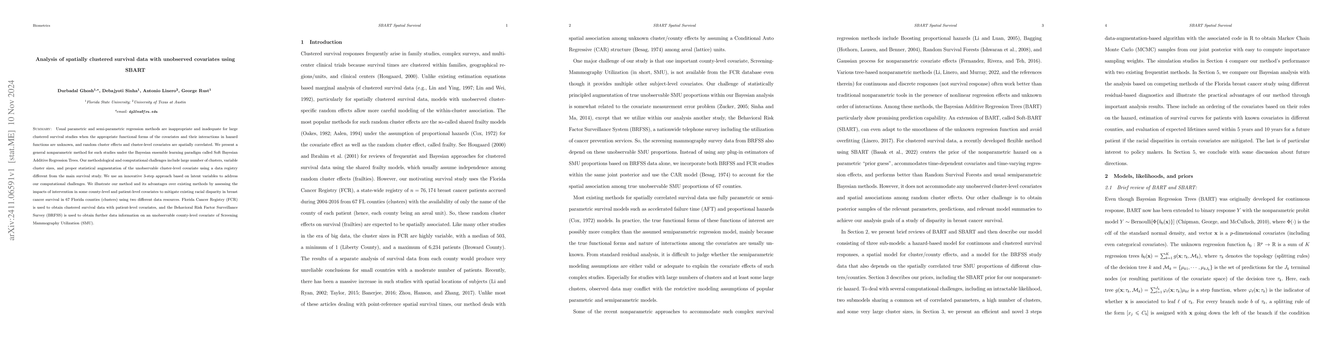 Thumbnail for Analysis of spatially clustered survival data with unobserved covariates
  using SBART