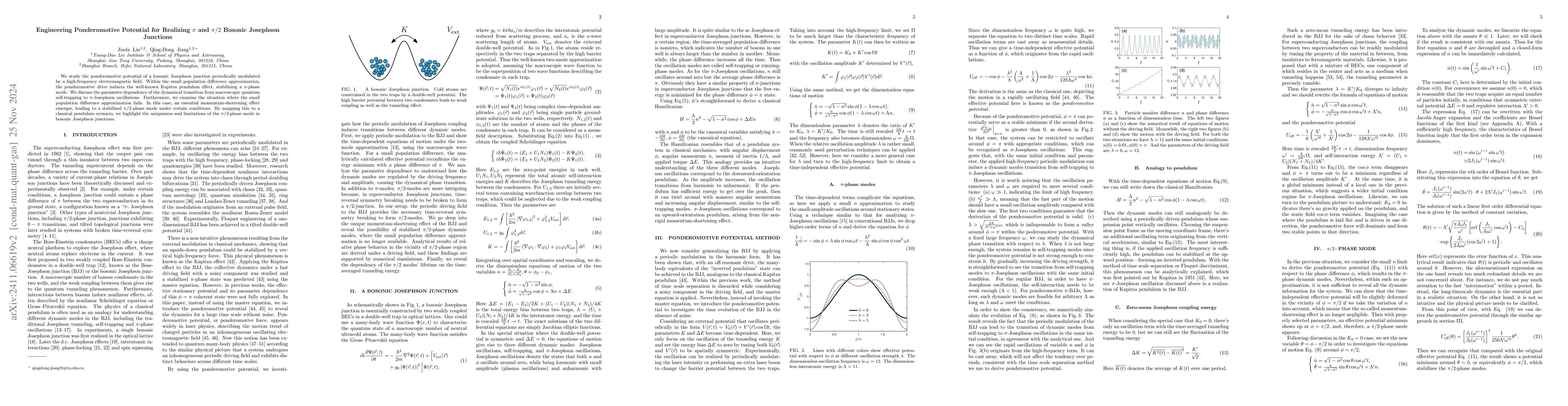 Thumbnail for Engineering Ponderomotive Potential for Realizing $π$ and $π/2$
  Bosonic Josephson Junctions