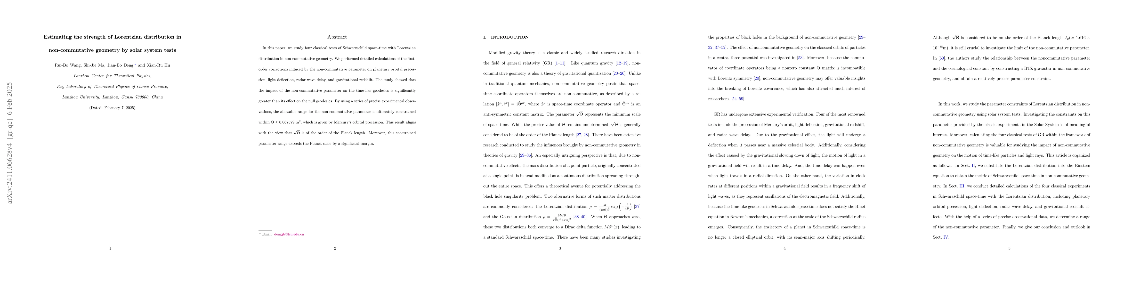 Thumbnail for Estimating the strength of Lorentzian distribution in non-commutative
  geometry by solar system tests