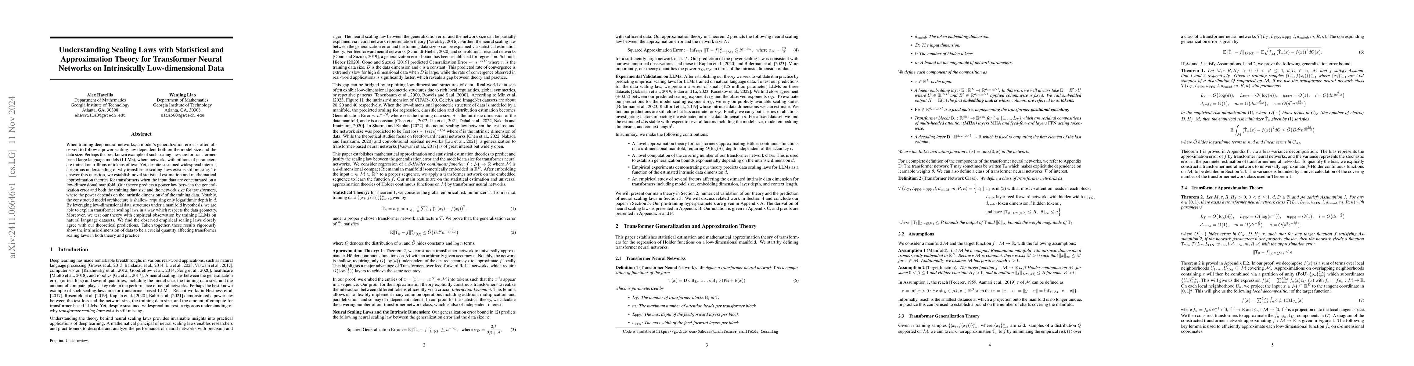 Thumbnail for Understanding Scaling Laws with Statistical and Approximation Theory for
  Transformer Neural Networks on Intrinsically Low-dimensional Data