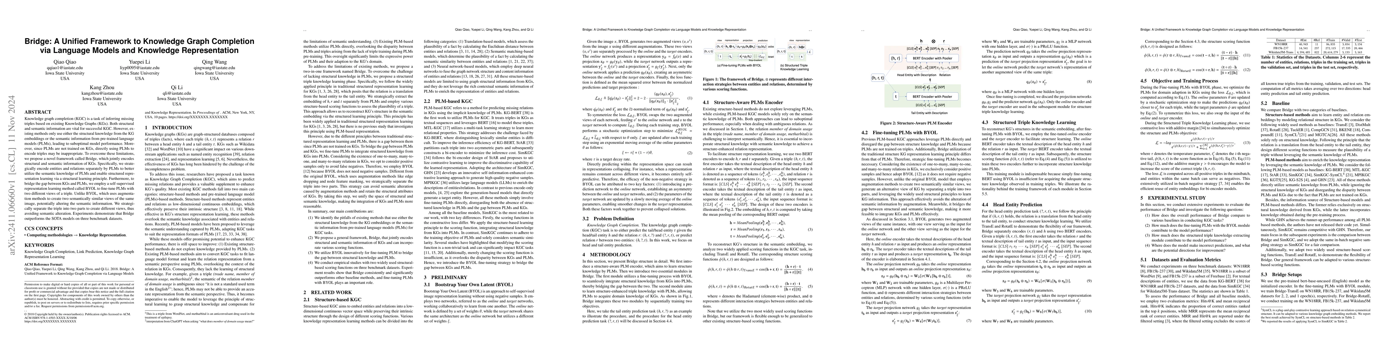 Thumbnail for Bridge: A Unified Framework to Knowledge Graph Completion via Language
  Models and Knowledge Representation