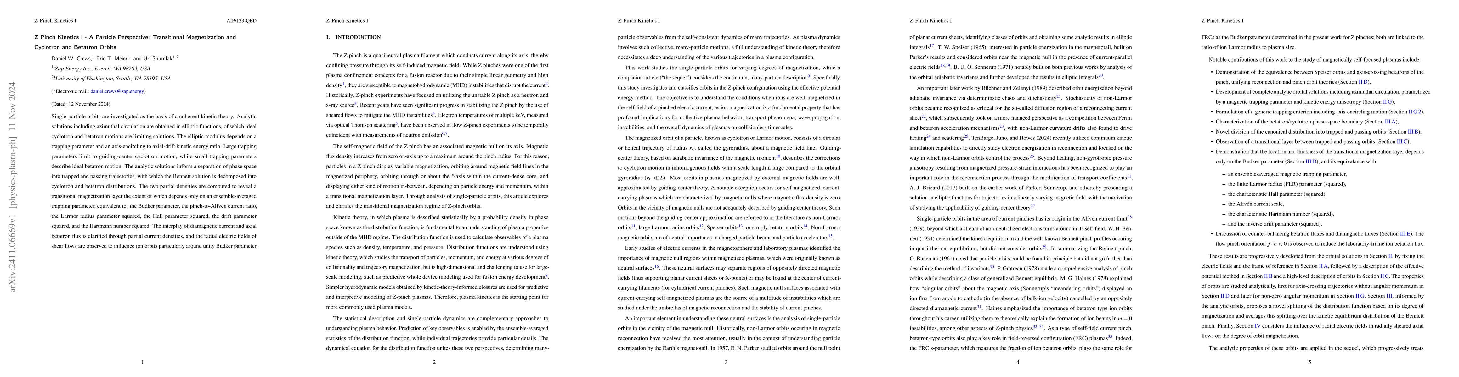 Thumbnail for Z Pinch Kinetics I -- A Particle Perspective: Transitional Magnetization
  and Cyclotron and Betatron Orbits