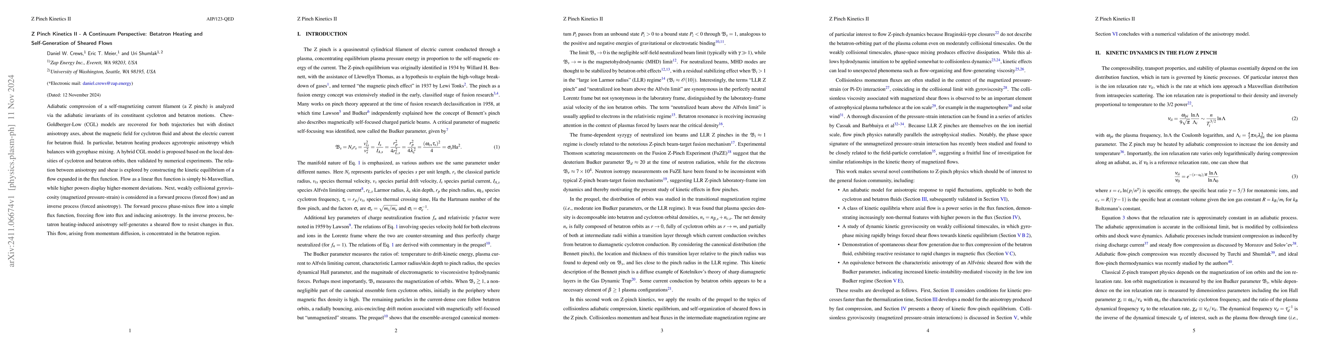 Thumbnail for Z Pinch Kinetics II -- A Continuum Perspective: Betatron Heating and
  Self-Generation of Sheared Flows