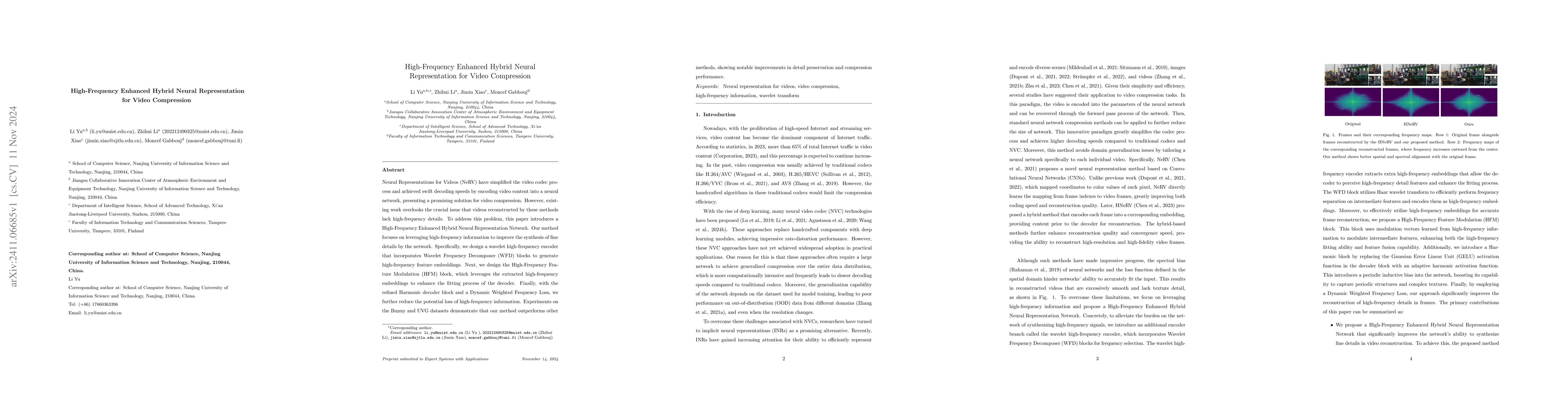 Thumbnail for High-Frequency Enhanced Hybrid Neural Representation for Video
  Compression