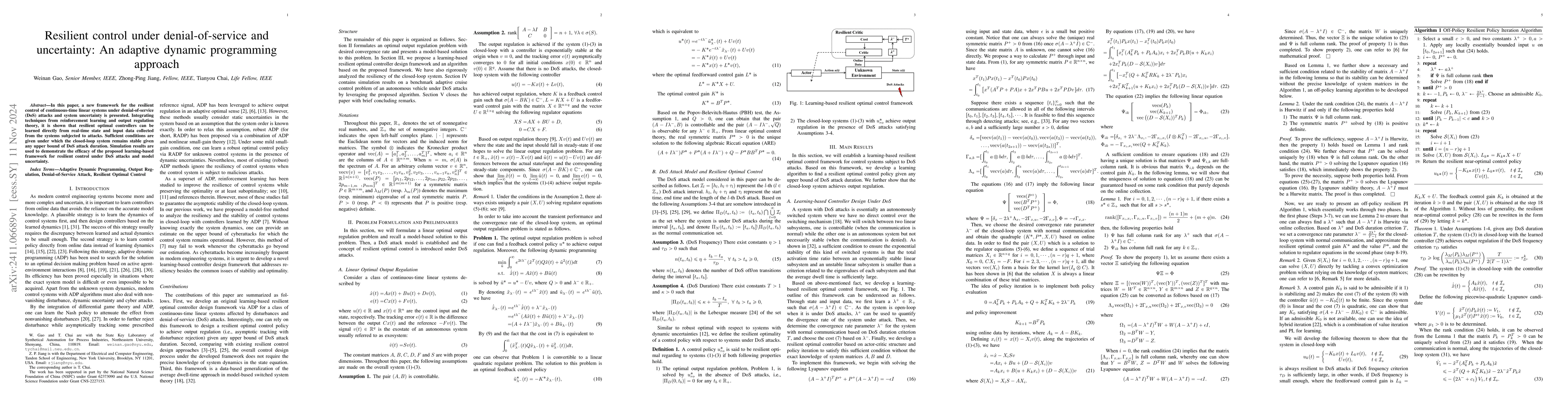 Thumbnail for Resilient control under denial-of-service and uncertainty: An adaptive
  dynamic programming approach