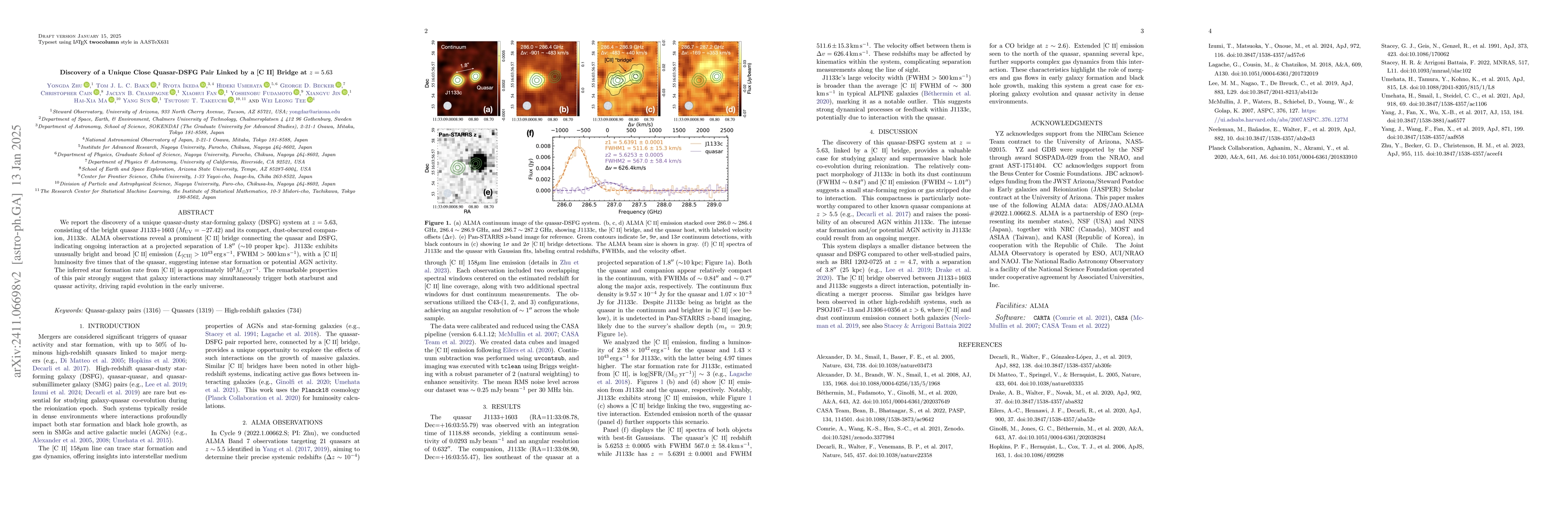 Thumbnail for Discovery of a Unique Close Quasar-DSFG Pair Linked by a [C II] Bridge
  at $z=5.63$