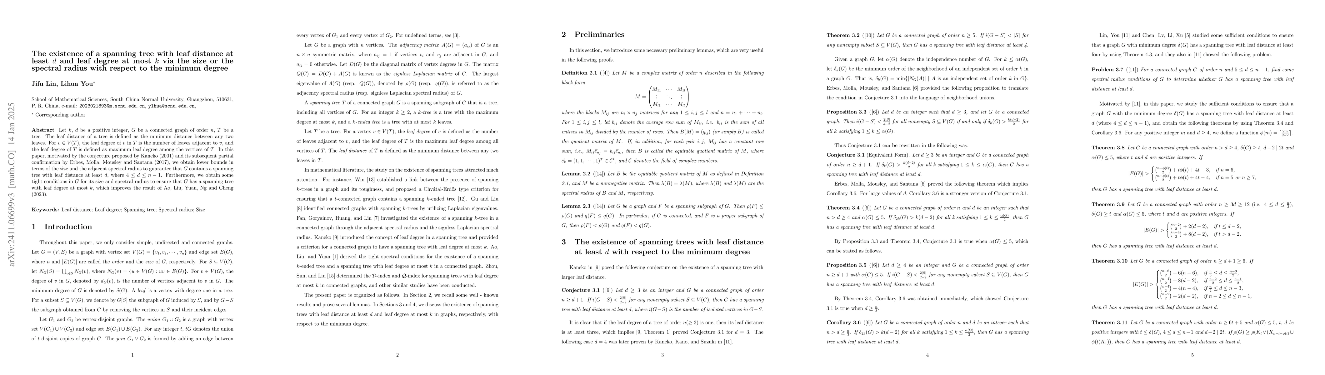 Thumbnail for Spectral radius and spanning trees of graphs with leaf distance at least
  four