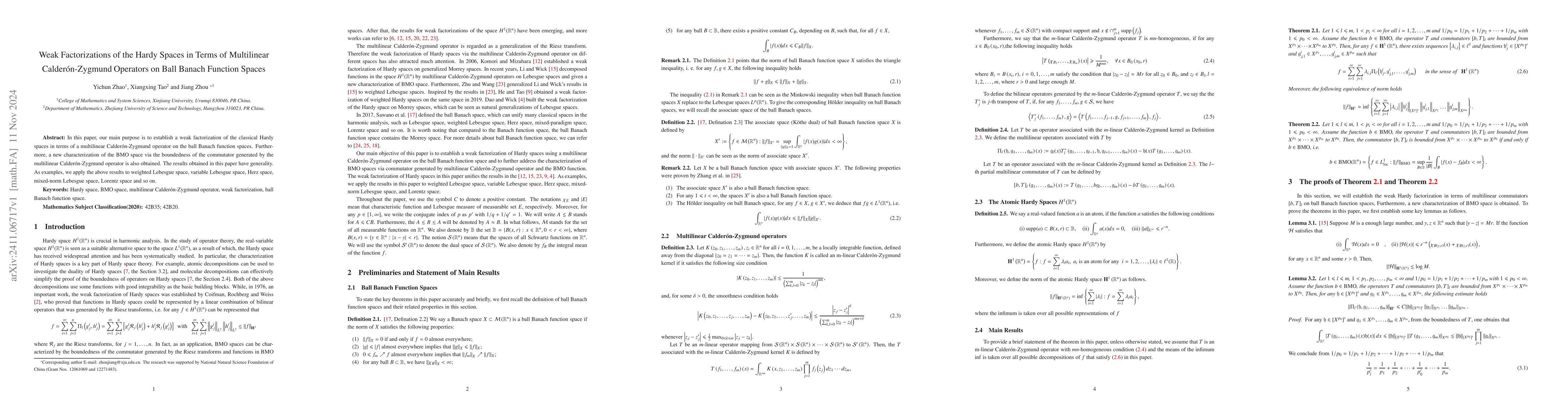Thumbnail for Weak Factorizations of the Hardy Spaces in Terms of Multilinear
  Calderón-Zygmund Operators on Ball Banach Function Spaces