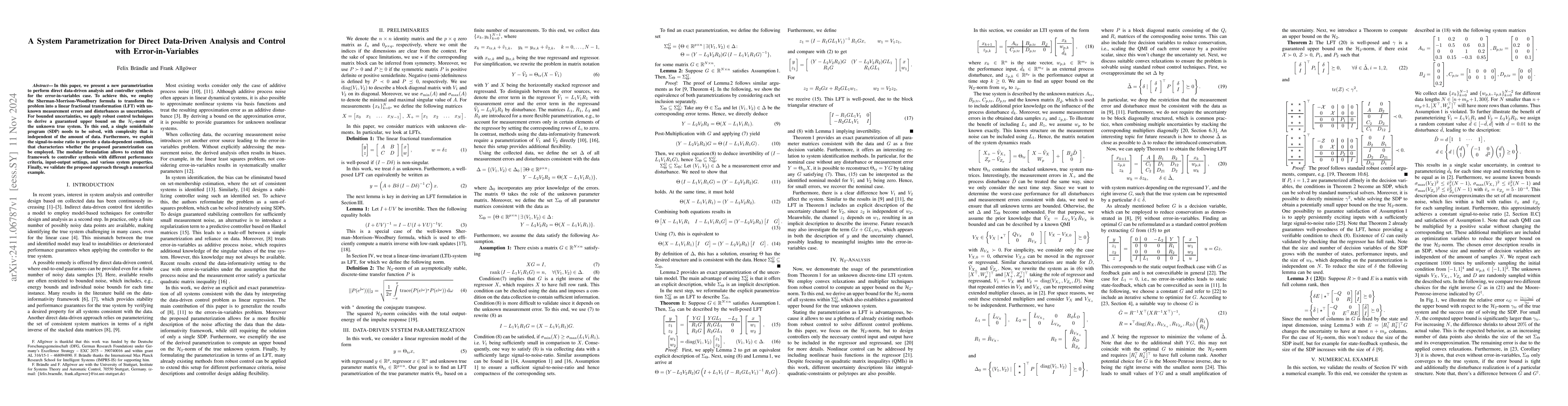 Thumbnail for A System Parametrization for Direct Data-Driven Analysis and Control
  with Error-in-Variables