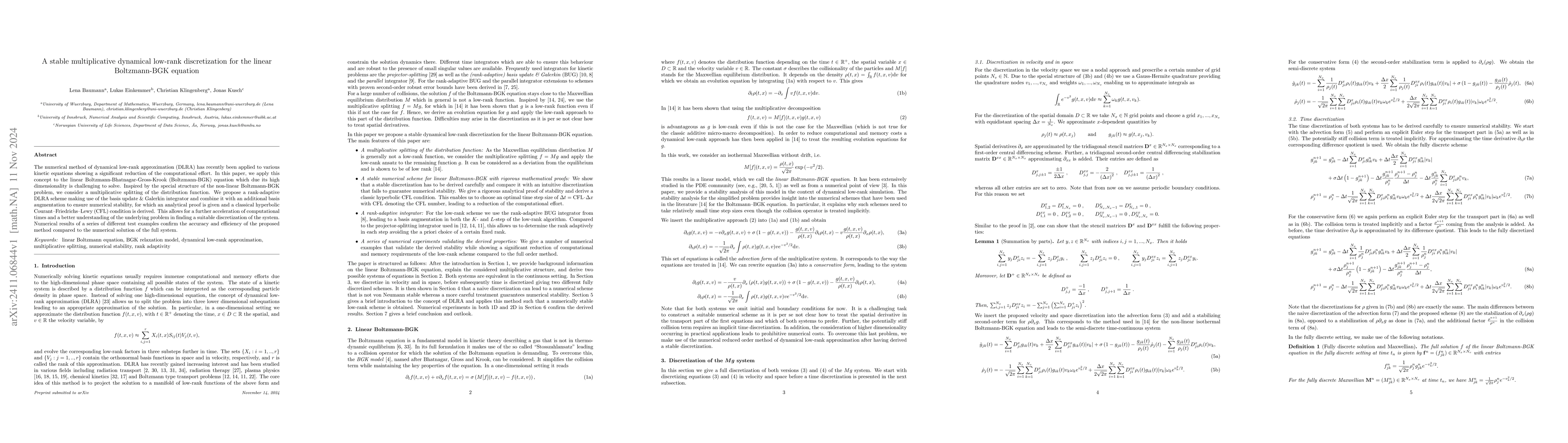 Thumbnail for A stable multiplicative dynamical low-rank discretization for the linear
  Boltzmann-BGK equation