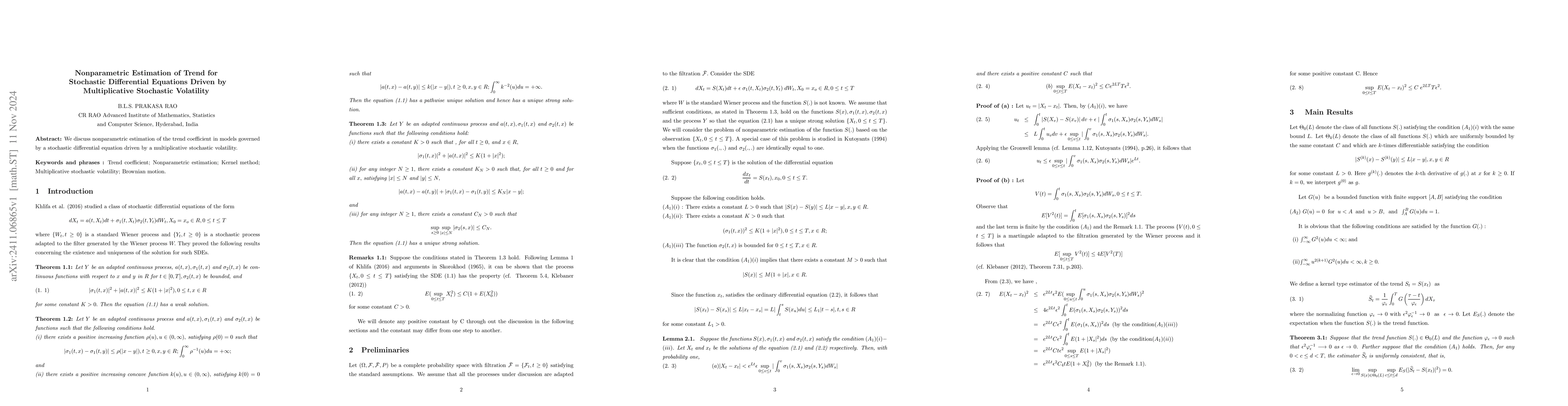 Thumbnail for Nonparametric estimation of trend for stochastic differential equations
  driven by multiplicative stochastic volatility