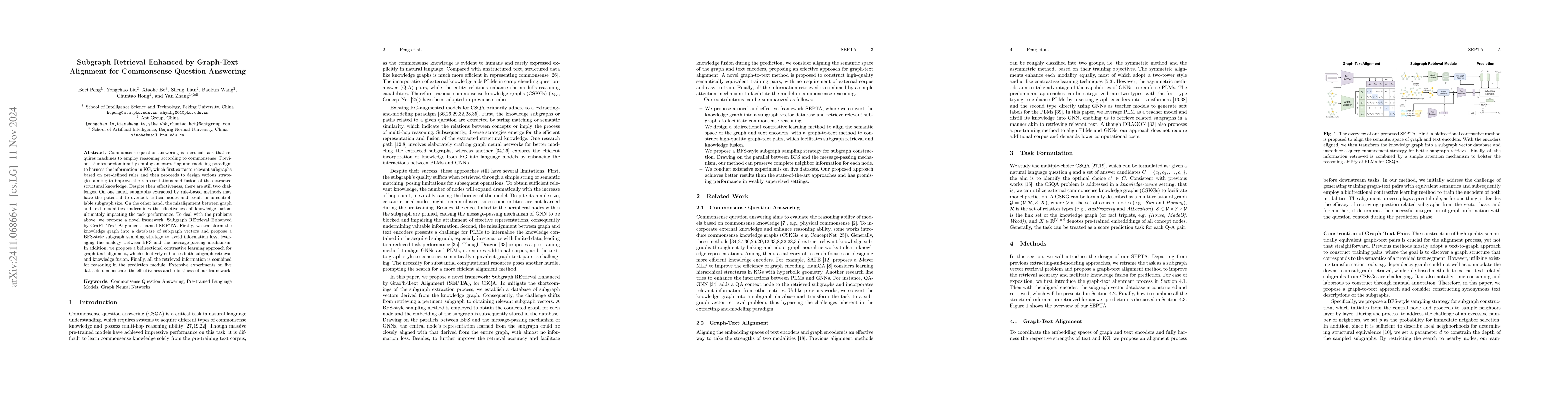 Thumbnail for Subgraph Retrieval Enhanced by Graph-Text Alignment for Commonsense
  Question Answering