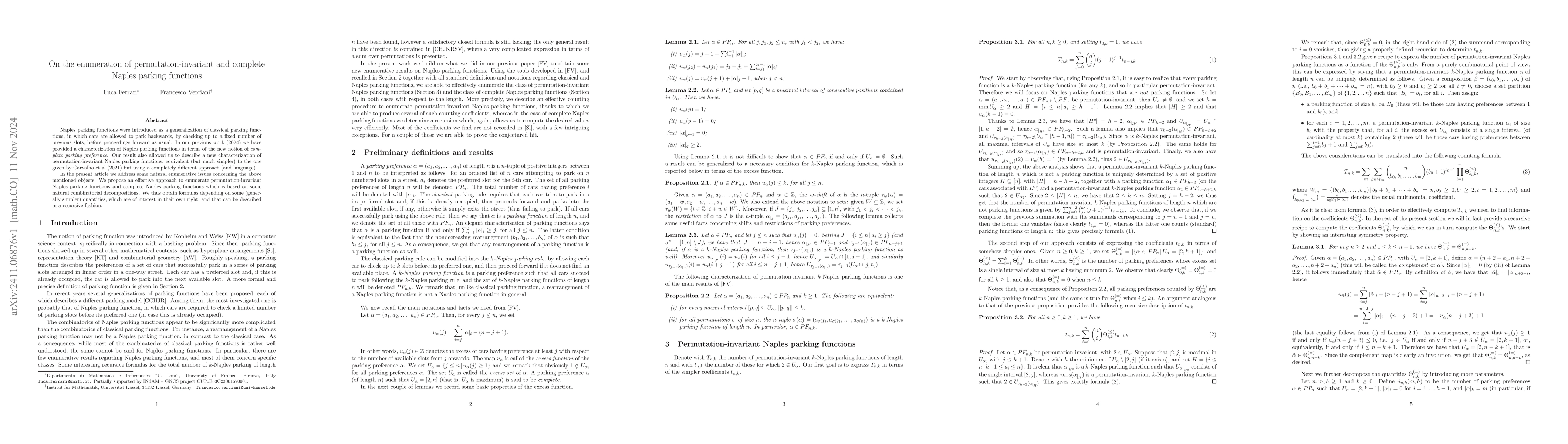 Thumbnail for On the enumeration of permutation-invariant and complete Naples parking
  functions