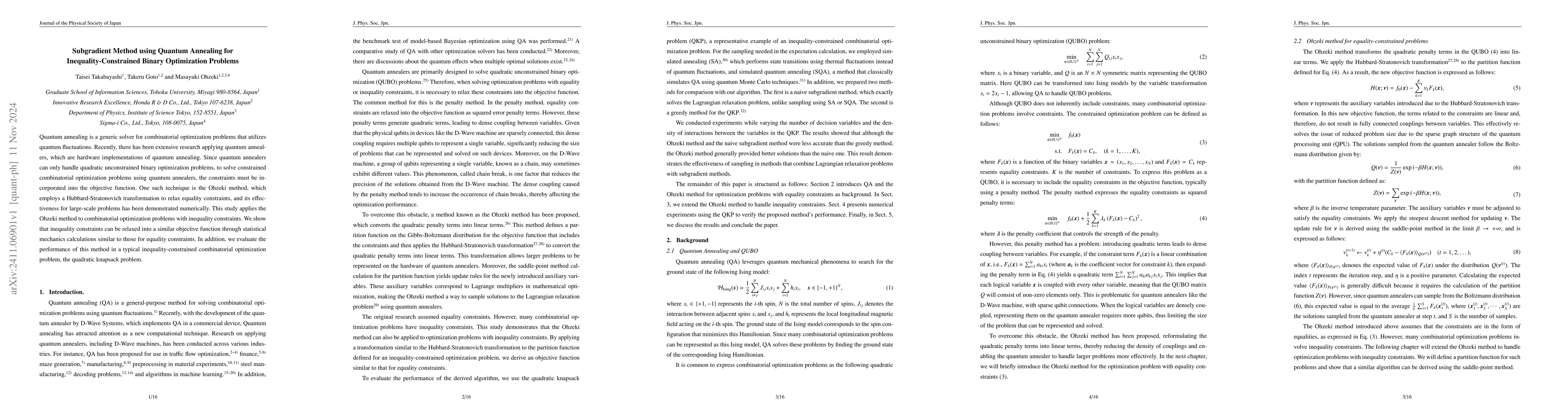 Thumbnail for Subgradient Method using Quantum Annealing for Inequality-Constrained
  Binary Optimization Problems