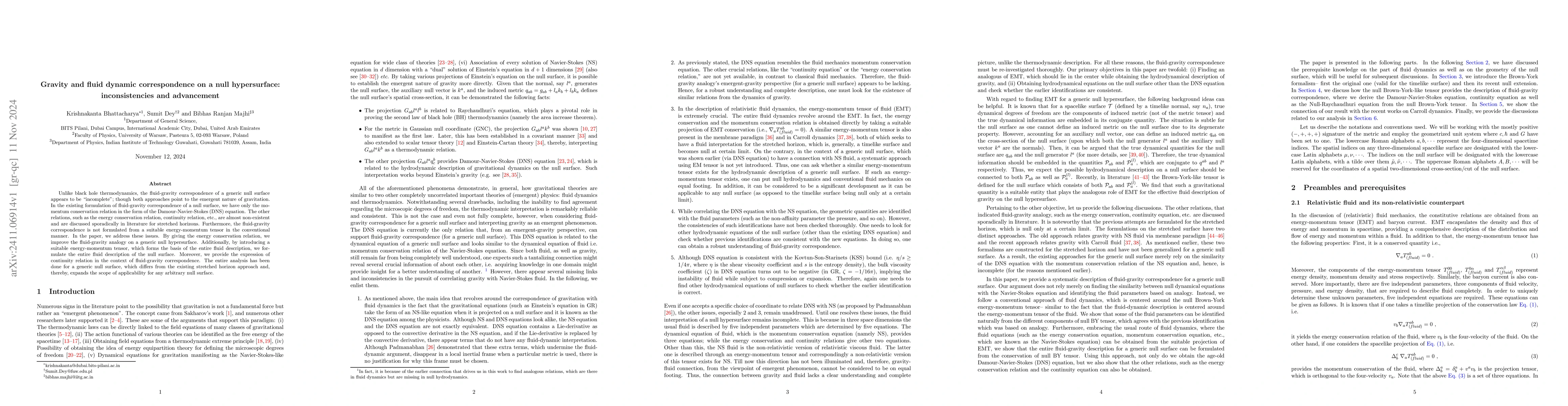 Thumbnail for Gravity and fluid dynamic correspondence on a null hypersurface:
  inconsistencies and advancement