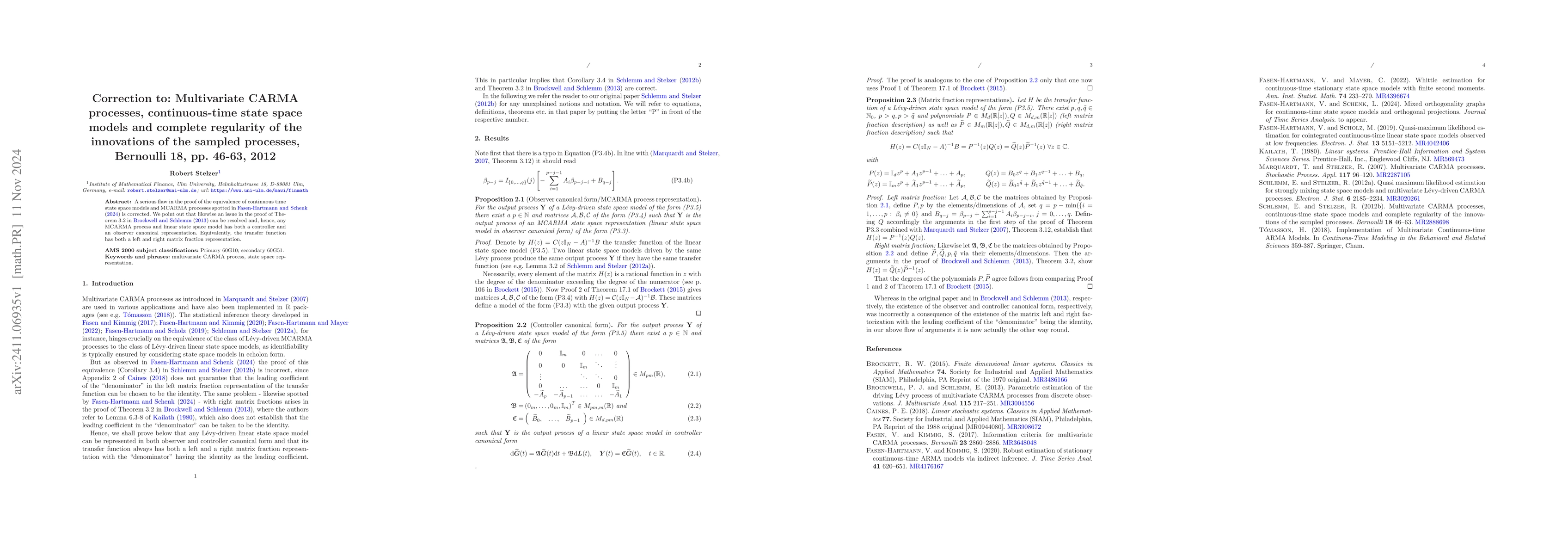 Thumbnail for Correction to: Multivariate CARMA processes, continuous-time state space
  models and complete regularity of the innovations of the sampled processes,
  Bernoulli 18, pp. 46-63, 2012