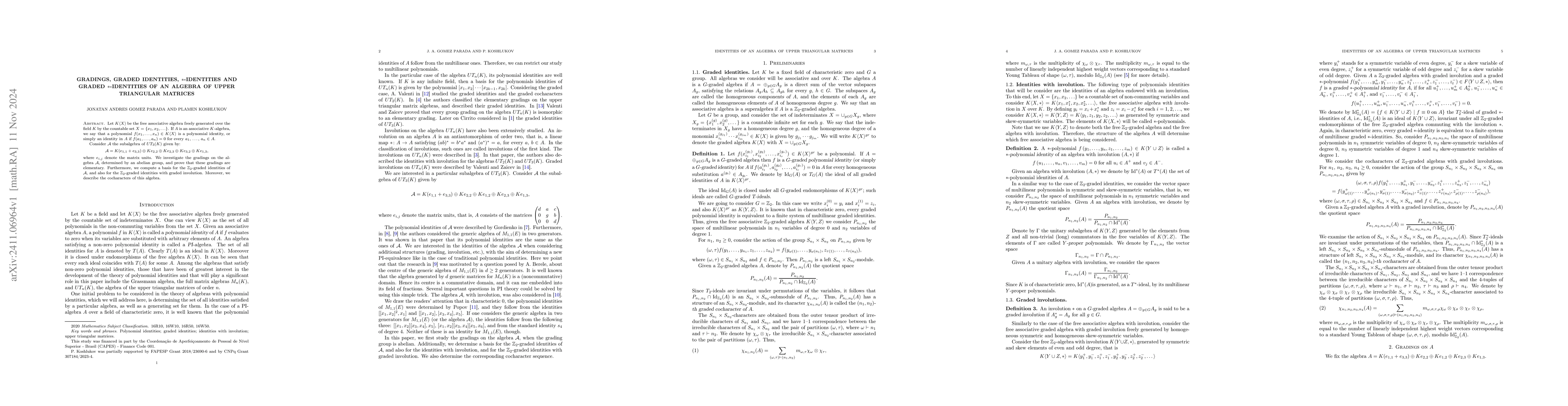 Thumbnail for Gradings, graded identities, $*$-identities and graded $*$-identities of
  an algebra of upper triangular matrices