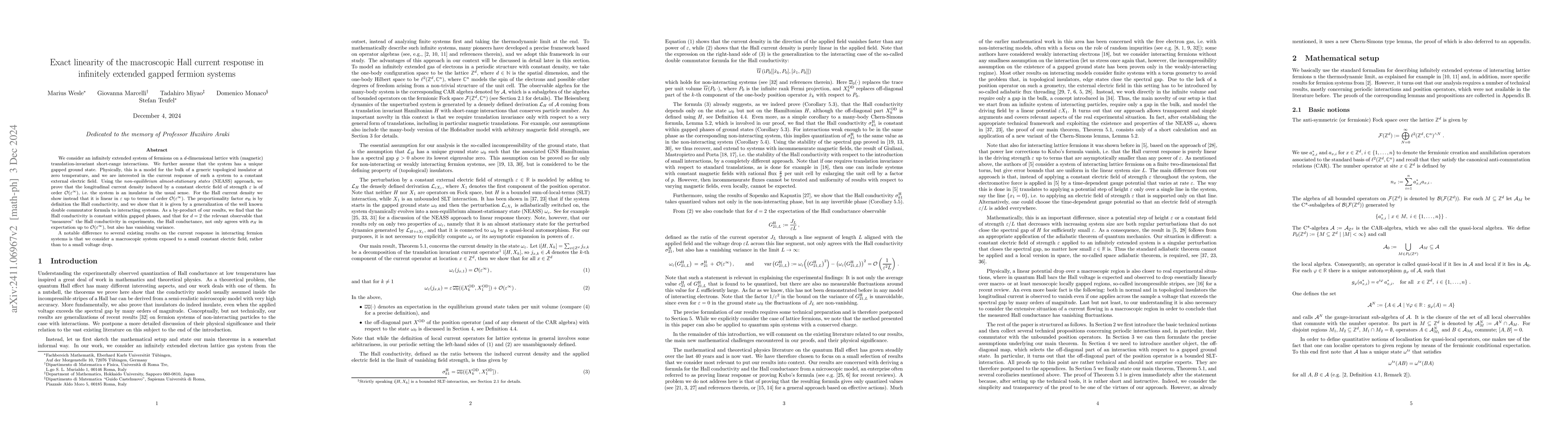 Thumbnail for Exact linearity of the macroscopic Hall current response in infinitely
  extended gapped fermion systems