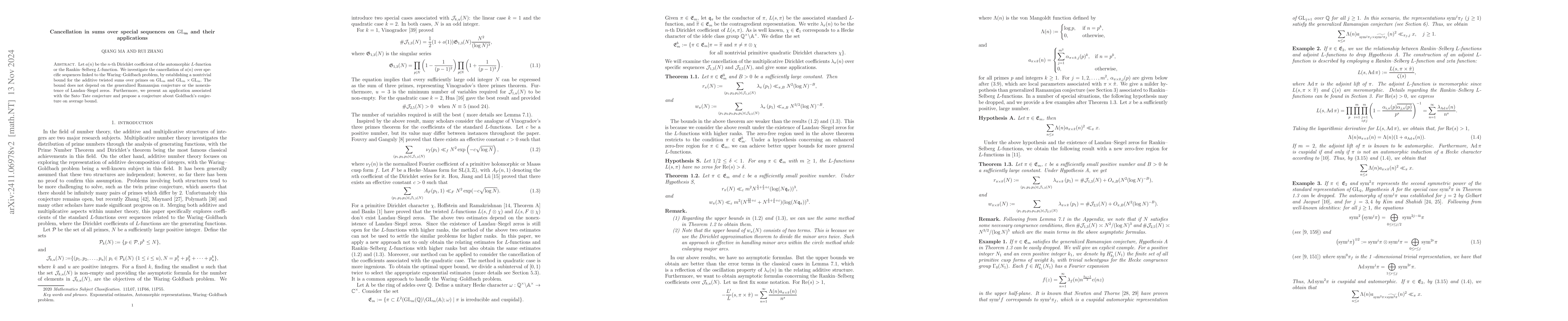 Thumbnail for Cancellation in sums over special sequences on $\mathbf{\rm{GL}_{m}}$
  and their applications