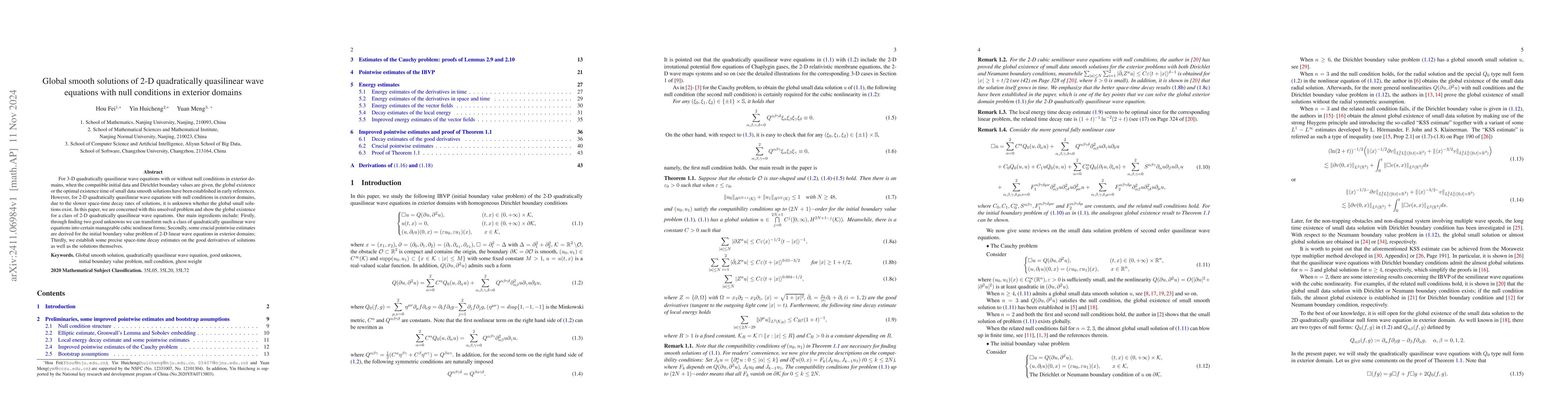 Thumbnail for Global smooth solutions of 2-D quadratically quasilinear wave equations
  with null conditions in exterior domains