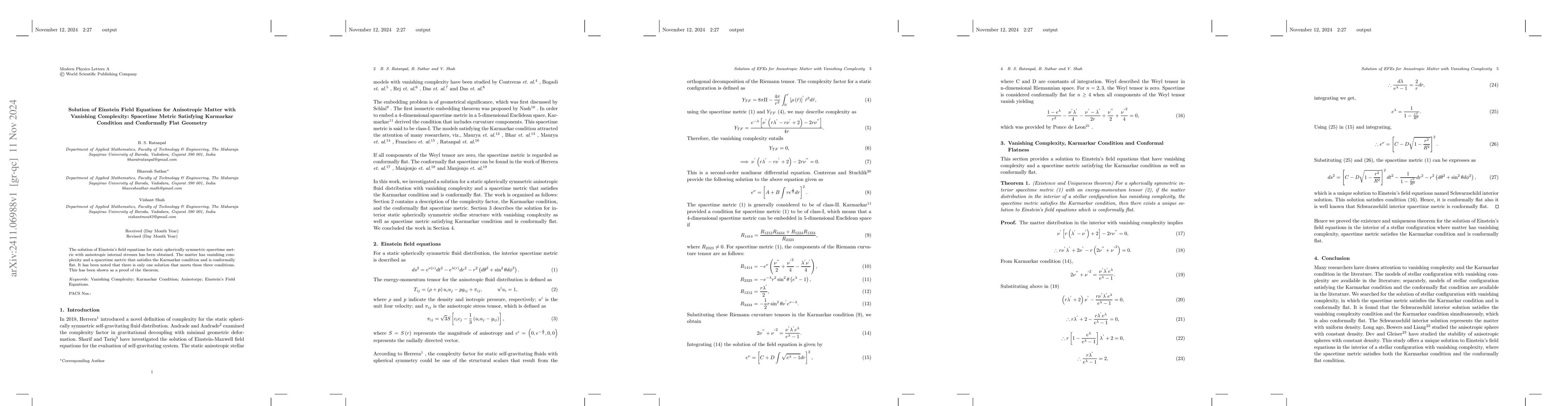Thumbnail for Solution of Einstein Field Equations for Anisotropic Matter with
  Vanishing Complexity: Spacetime Metric Satisfying Karmarkar Condition and
  Conformally Flat Geometry