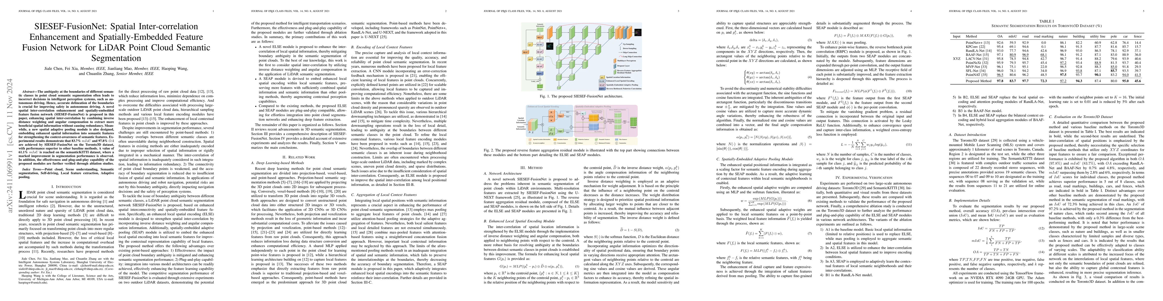 Thumbnail for SIESEF-FusionNet: Spatial Inter-correlation Enhancement and
  Spatially-Embedded Feature Fusion Network for LiDAR Point Cloud Semantic
  Segmentation