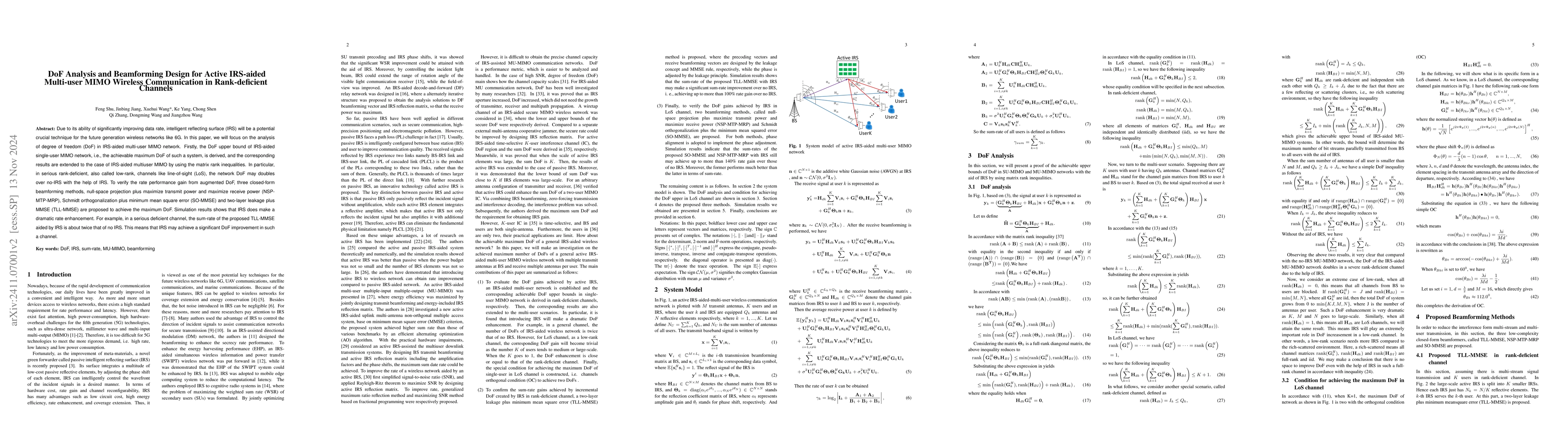Thumbnail for DoF Analysis and Beamforming Design for Active IRS-aided Multi-user MIMO
  Wireless Communication in Rank-deficient Channels