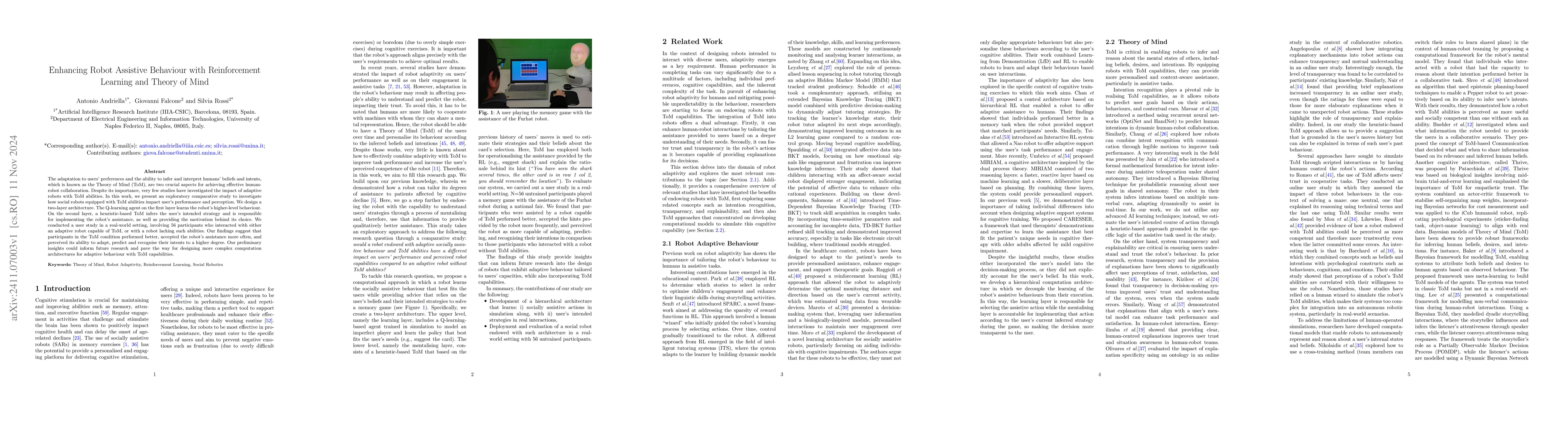 Thumbnail for Enhancing Robot Assistive Behaviour with Reinforcement Learning and
  Theory of Mind
