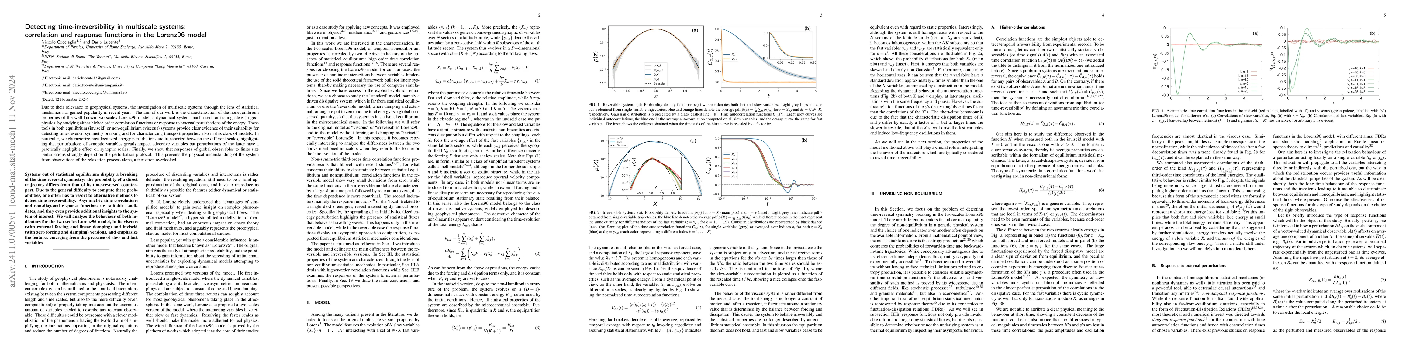 Thumbnail for Detecting time-irreversibility in multiscale systems: correlation and
  response functions in the Lorenz96 model