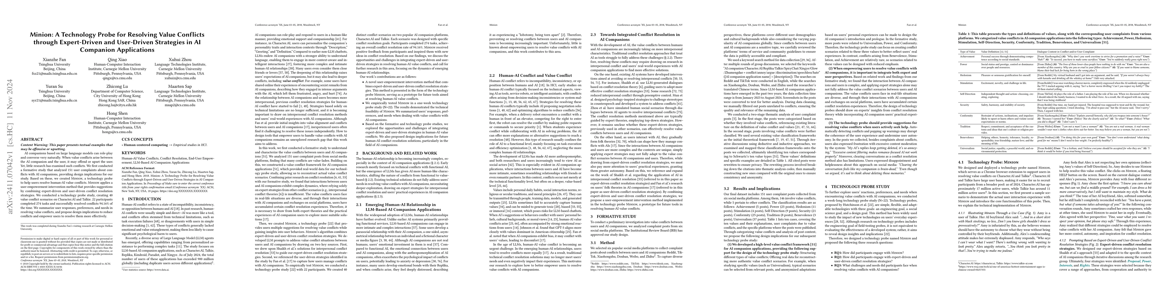 Thumbnail for Minion: A Technology Probe for Resolving Value Conflicts through
  Expert-Driven and User-Driven Strategies in AI Companion Applications