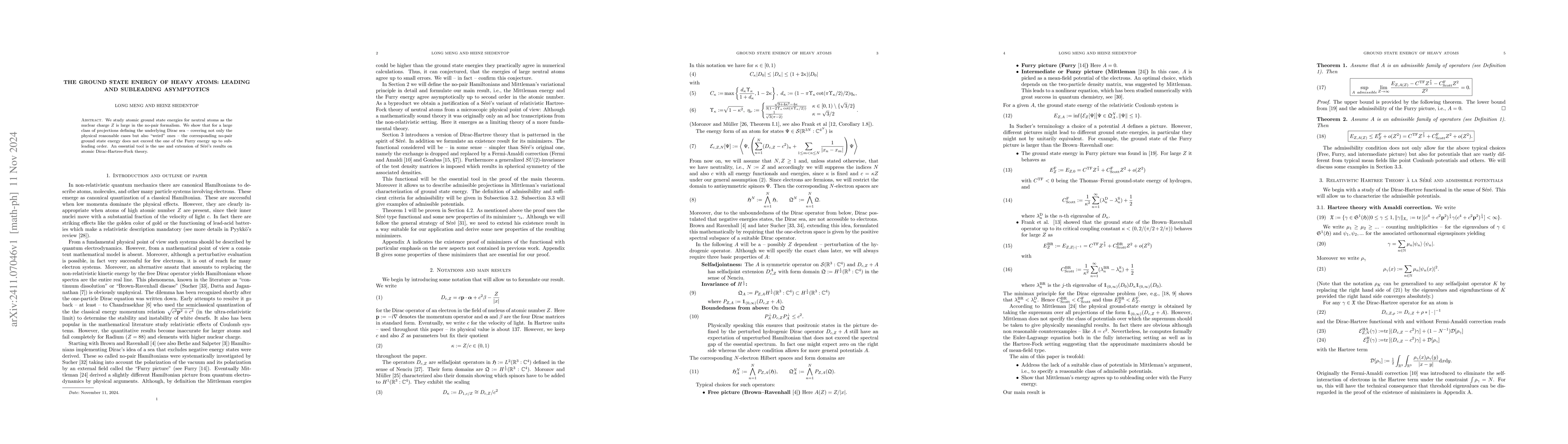 Thumbnail for The Ground State Energy of Heavy Atoms: Leading and Subleading
  Asymptotics