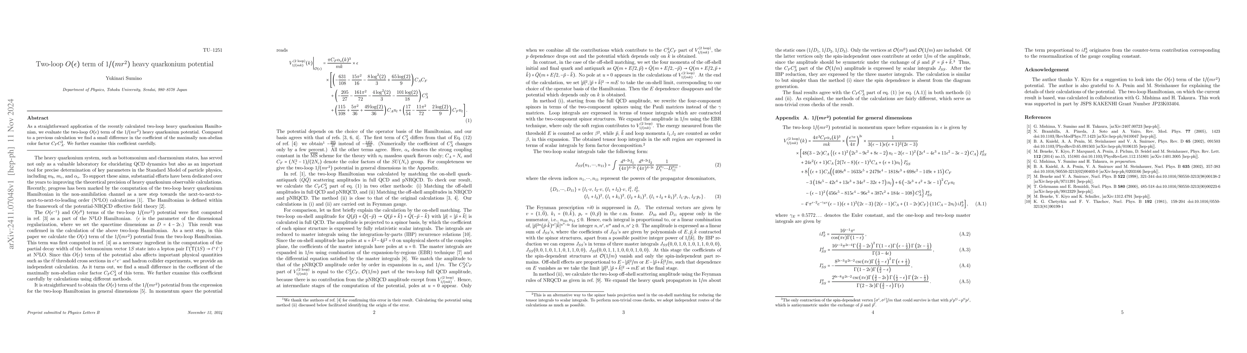 Thumbnail for Two-loop $O(ε)$ term of $1/(mr^2)$ heavy quarkonium potential