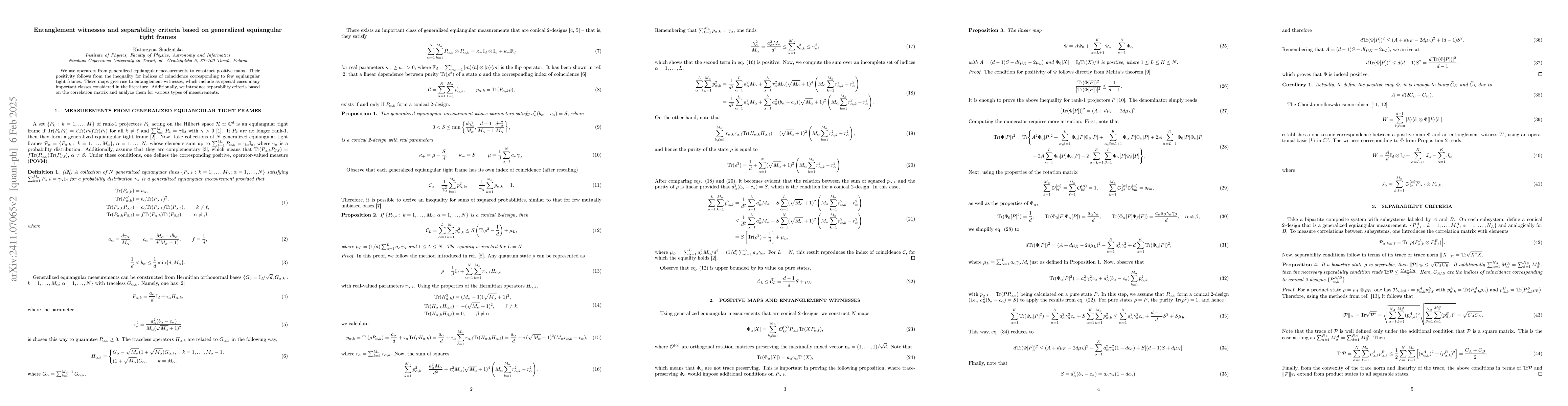 Thumbnail for Entanglement witnesses and separability criteria based on generalized
  equiangular tight frames