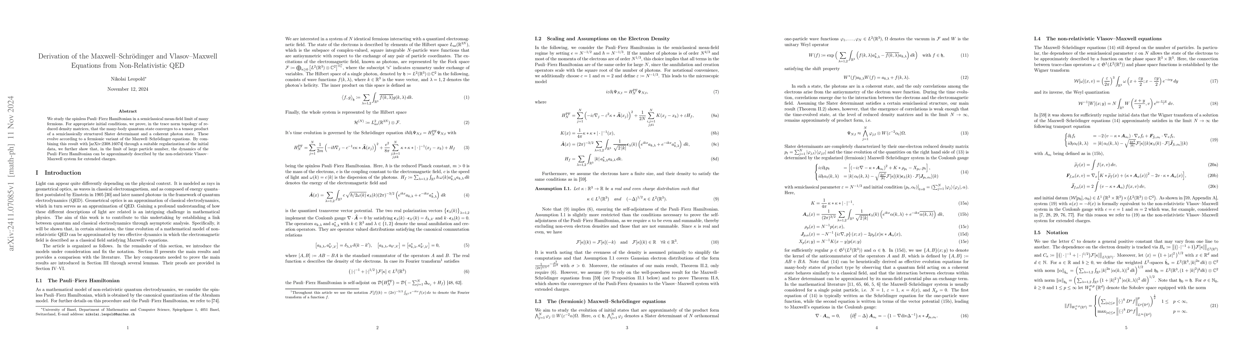 Thumbnail for Derivation of the Maxwell-Schrödinger and Vlasov-Maxwell Equations
  from Non-Relativistic QED