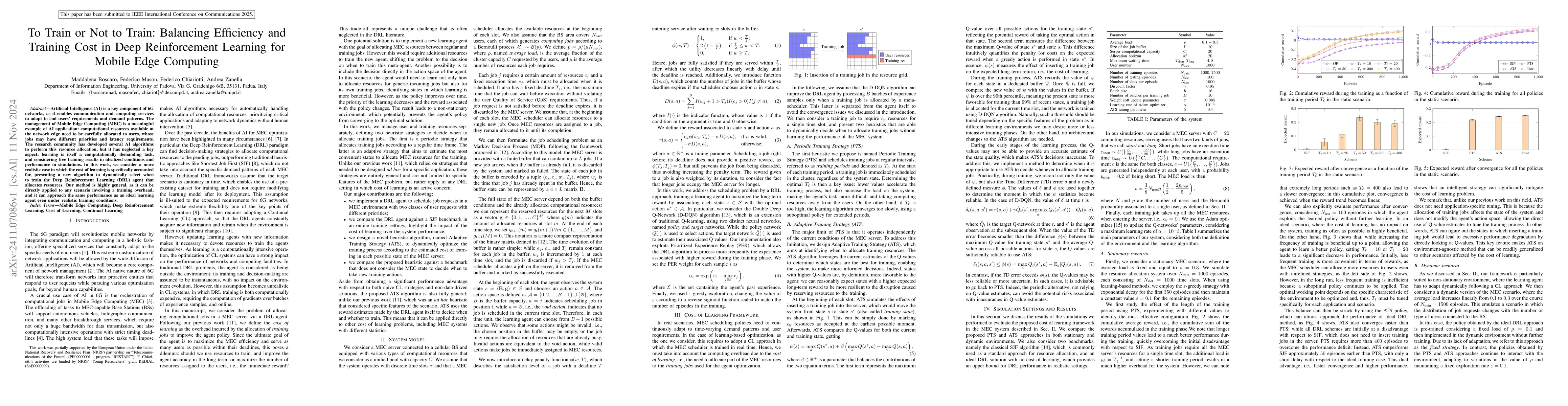 Thumbnail for To Train or Not to Train: Balancing Efficiency and Training Cost in Deep
  Reinforcement Learning for Mobile Edge Computing