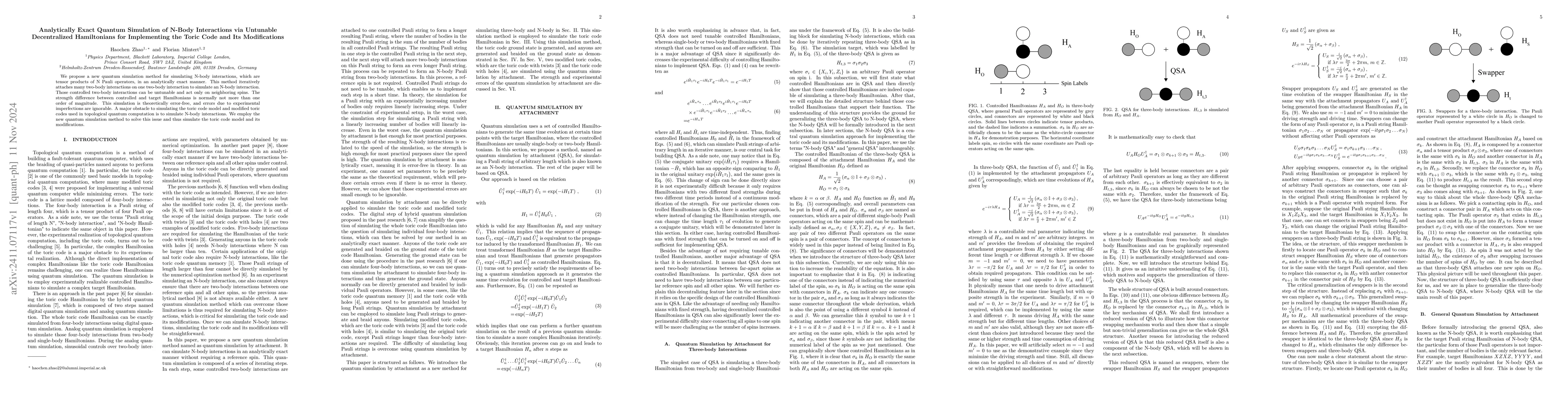 Thumbnail for Analytically Exact Quantum Simulation of N-Body Interactions via
  Untunable Decentralized Hamiltonians for Implementing the Toric Code and Its
  Modifications