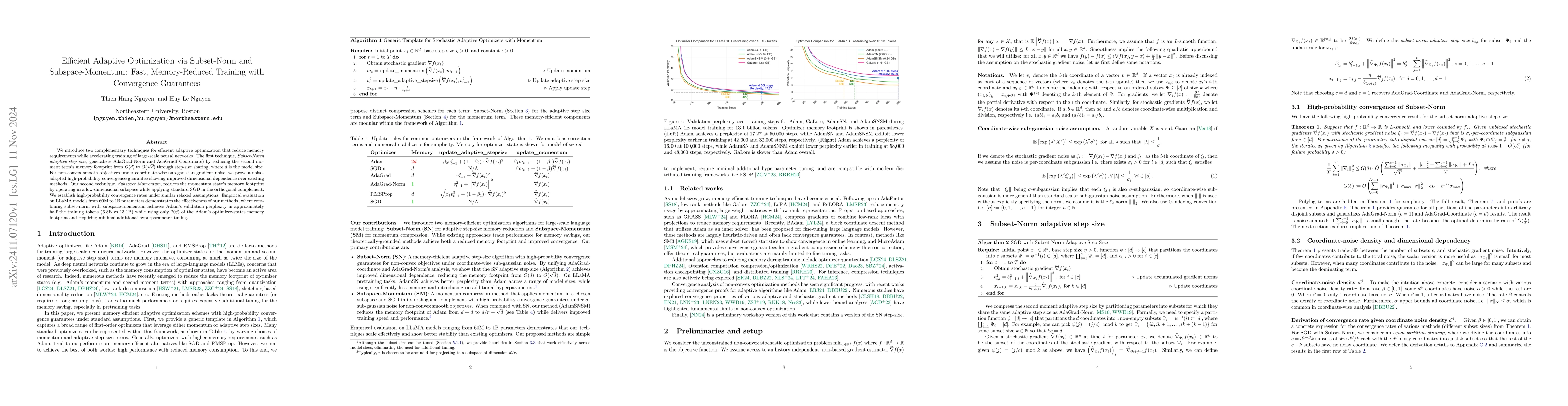 Thumbnail for Efficient Adaptive Optimization via Subset-Norm and Subspace-Momentum:
  Fast, Memory-Reduced Training with Convergence Guarantees