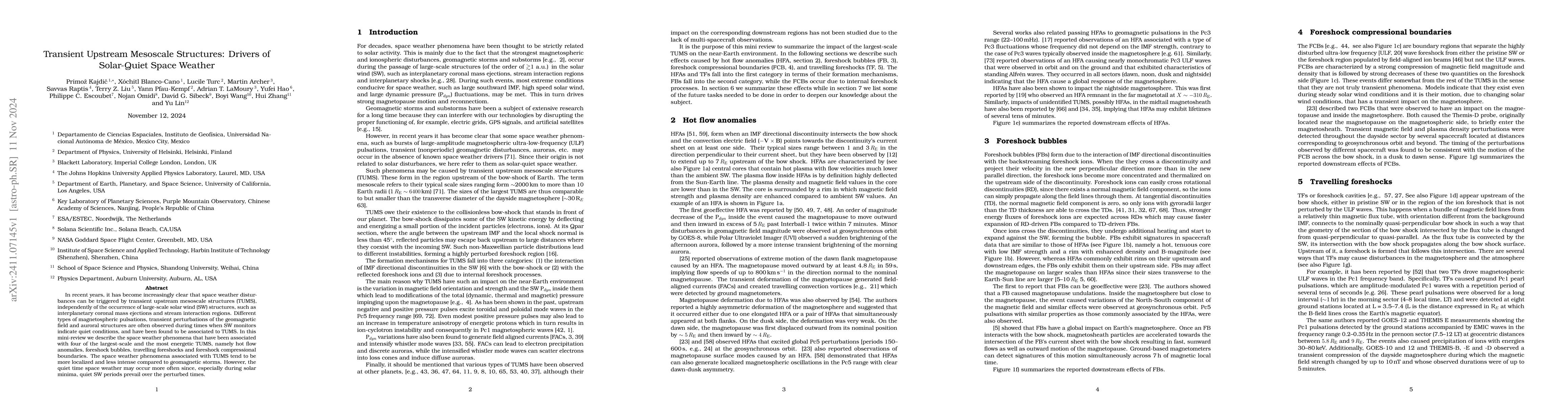 Thumbnail for Transient Upstream Mesoscale Structures: Drivers of Solar-Quiet Space
  Weather