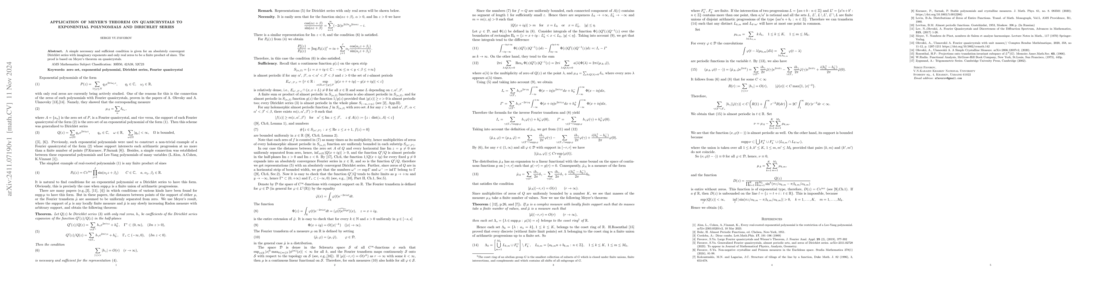 Thumbnail for Application of Meyer's theorem on quasicrystals to exponential
  polynomials and Dirichlet series