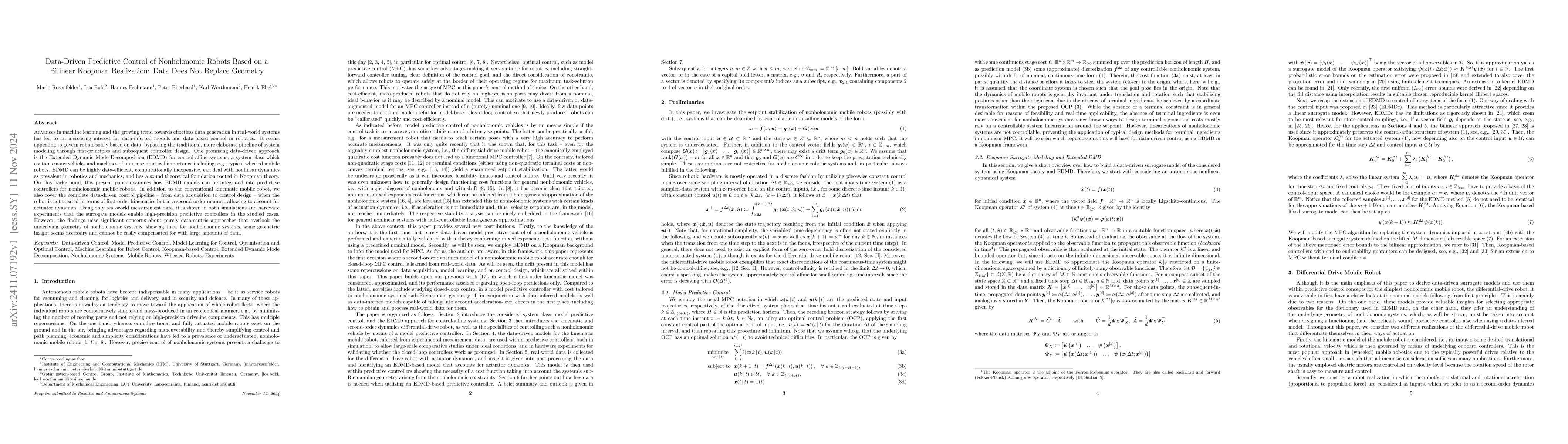 Thumbnail for Data-Driven Predictive Control of Nonholonomic Robots Based on a
  Bilinear Koopman Realization: Data Does Not Replace Geometry