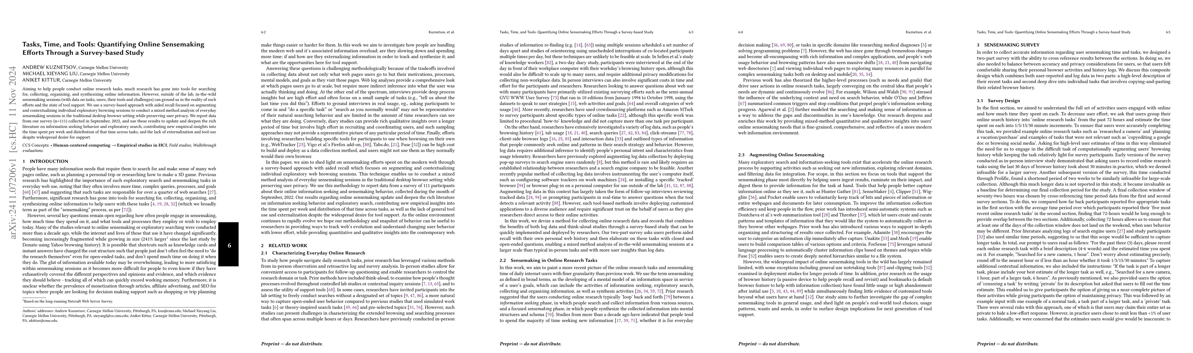 Thumbnail for Tasks, Time, and Tools: Quantifying Online Sensemaking Efforts Through a
  Survey-based Study