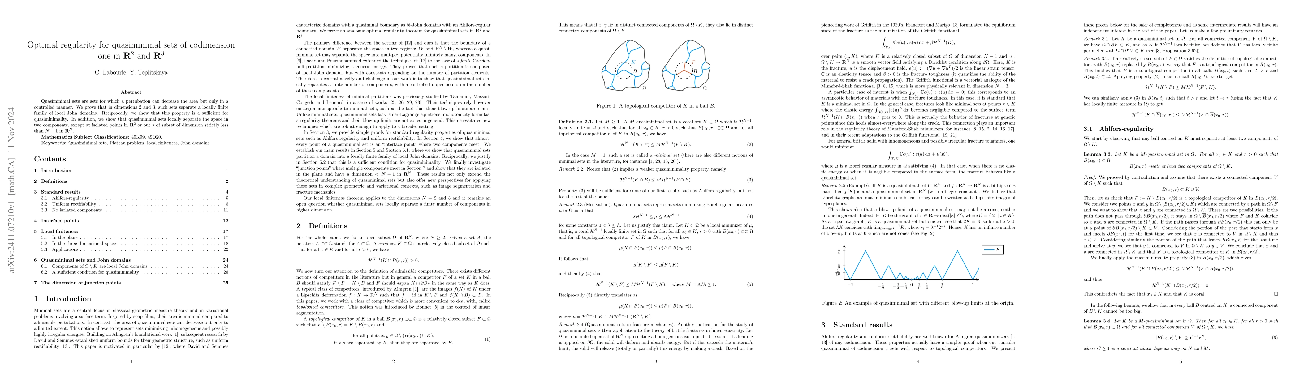 Thumbnail for Optimal regularity for quasiminimal sets of codimension one in $\R^2$
  and $\R^3$