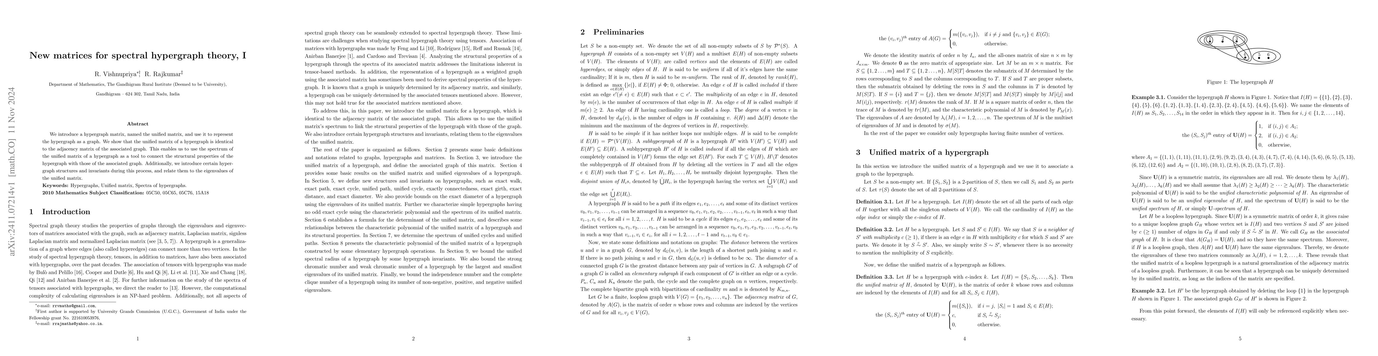 Thumbnail for New matrices for spectral hypergraph theory, I