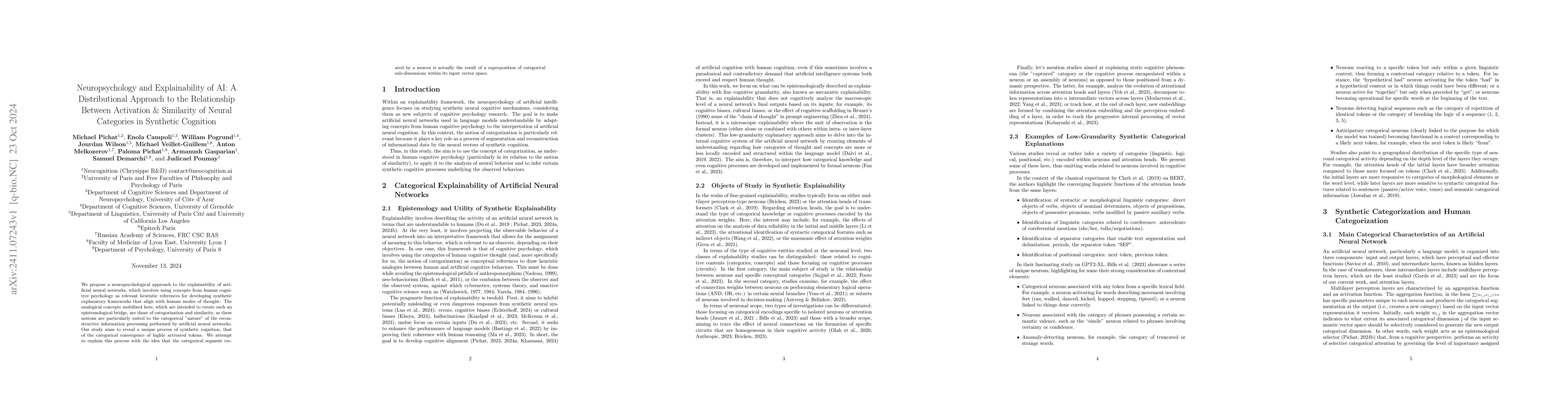 Thumbnail for Neuropsychology and Explainability of AI: A Distributional Approach to
  the Relationship Between Activation Similarity of Neural Categories in
  Synthetic Cognition