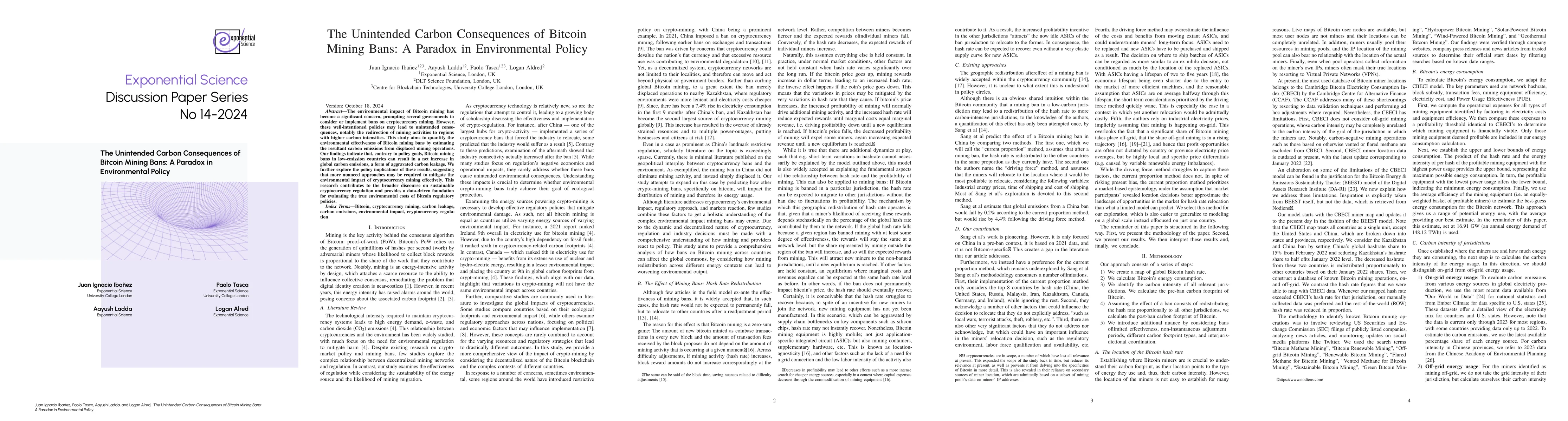 Thumbnail for The Unintended Carbon Consequences of Bitcoin Mining Bans: A Paradox in
  Environmental Policy