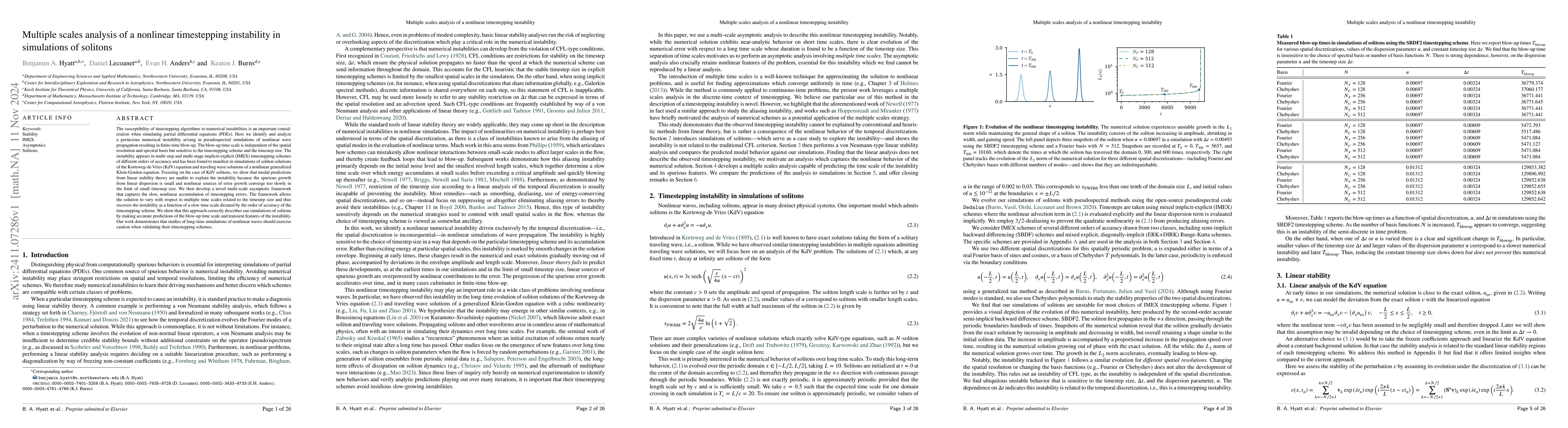 Thumbnail for Multiple scales analysis of a nonlinear timestepping instability in
  simulations of solitons