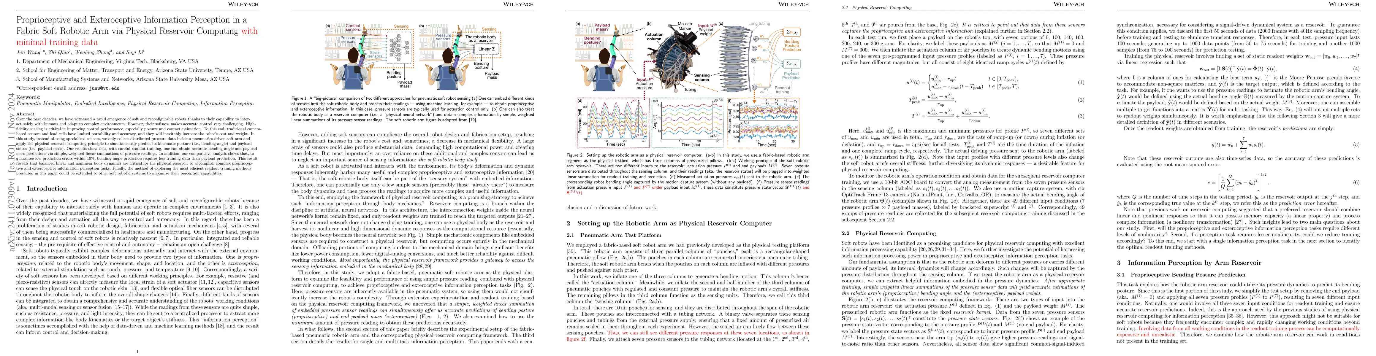 Thumbnail for Proprioceptive and Exteroceptive Information Perception in a Fabric Soft
  Robotic Arm via Physical Reservoir Computing with minimal training data