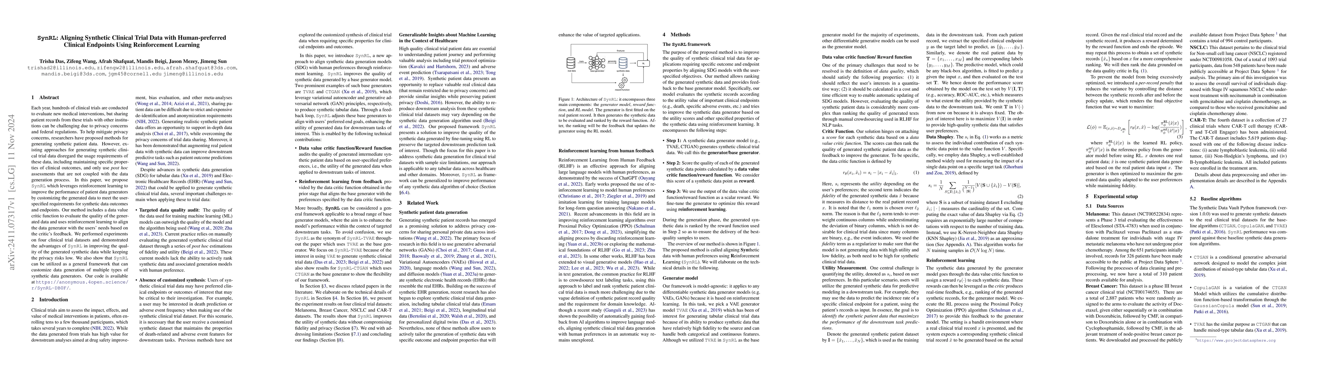 Thumbnail for SynRL: Aligning Synthetic Clinical Trial Data with Human-preferred
  Clinical Endpoints Using Reinforcement Learning